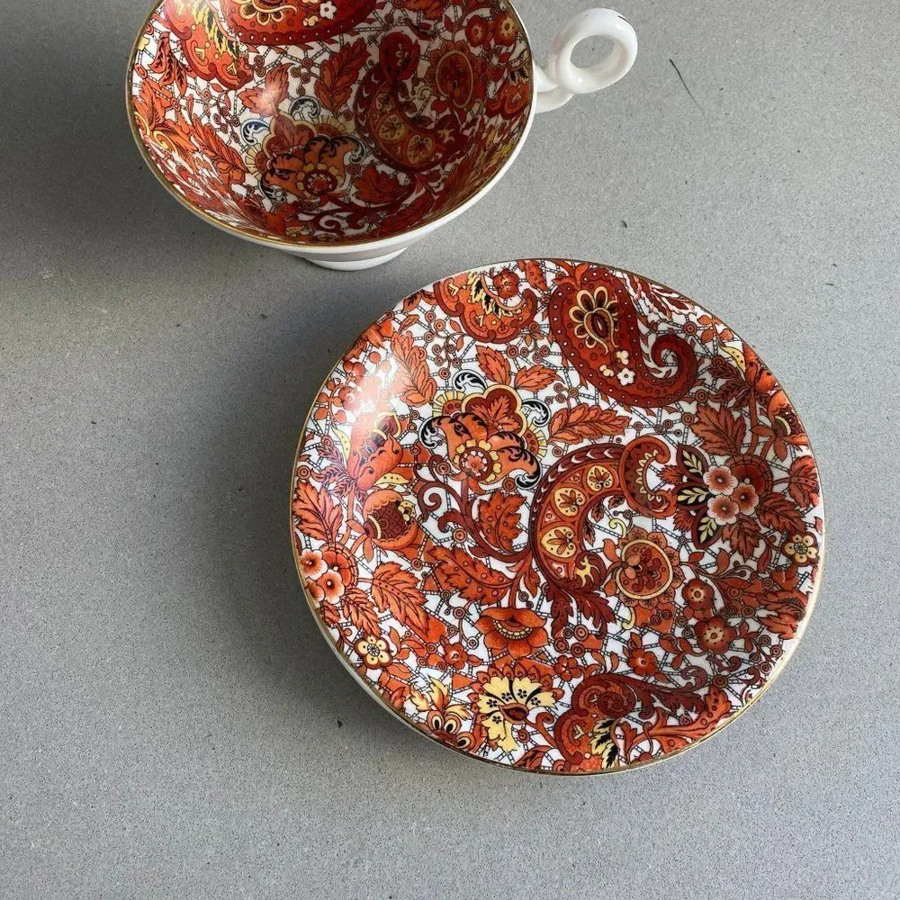 Vintage Radford Orange Paisley Bone China Teacup & Saucer Set England 1938–1957